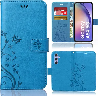 Produktbild von Handy Tasche für Samsung Galaxy A54 5G Schutz Hülle Handyhülle mit Blumenmuster Klapp Hülle mit Standfunktion und Kartenfächer Blau