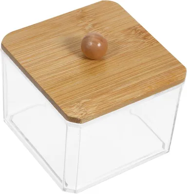 Productafbeelding van Transparante opbergdoos voor make-up wattenschijfjes met een bamboe deksel, multifunctionele organizer voor wattenschijfjes, wattenstokjes en make-upsponsjes, ruimtebesparend en praktisch voor op het aanrecht