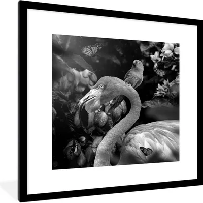 Produktbild von MuchoWow® Gerahmtes Poster Flamingo - Dschungel - Papagei - Schwarz - Weiß 40x40 cm - Poster mit Schwarzem Bilderrahmen Wandposter Rahmen Foto Bilder - Poster - Plakat im Rahmen