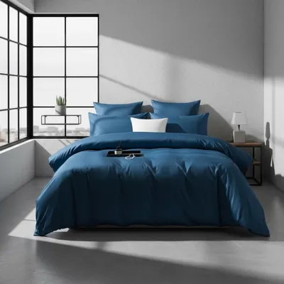 Produktbild von Mako Satin Bettwäsche 200x200 cm Petrol Blau Uni Baumwolle 3-teilig mit Reißverschluss und 2 Kissenbezügen 80x80 cm  100