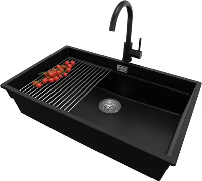 Produktbild von PRIMAGRAN Unterbauspüle Granit Schwarz 76x47cm, Spülbecken 1 Becken + Ablauf-Set + Küchenzubehörset, Granitspüle ab 80er Unterschrank - Praga