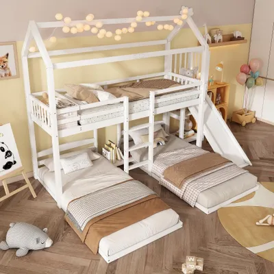 Obrázok produktu pre Poschodová posteľ 90x200 cm z borovice a MDF, biela detská posteľ so šmýkačkou, strešou a tromi lôžkami, vhodná do detskej izby