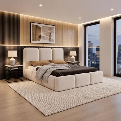 Produktbild von Polsterbett 200x200 VARDO mit Bettkasten und Metall-Lattenrost, Bouclé Stoff Creme
