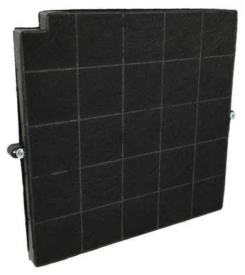 A black carbon filter for a range hood, shown at an angle.