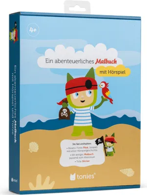 A box for a children's toy set featuring a pirate theme, with illustrations of characters and a beach scene.