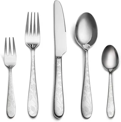 Produktbild von Besteckset für 6 Personen, 30-teilig, Edelstahl-Besteck mit Blumenmuster, hochglanzpoliert, spülmaschinenfest, elegantes Essbesteck