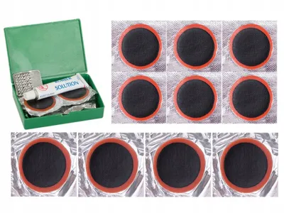 A collage of a bicycle tire repair kit and individual tire patches.