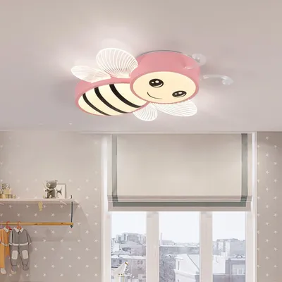 A pink bee-shaped ceiling light fixture is shown on a white ceiling.