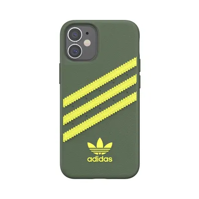 A green iPhone 12 Mini case with yellow Adidas stripes and logo.