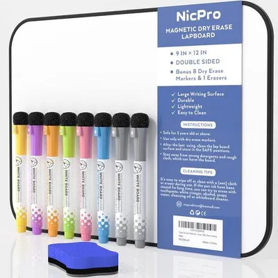 Produktbild von Famanu Magnetisches Whiteboard A4 mit doppelseitiger Schreibfläche - Inkl. 8 wasserfester Marker und Radiergummi