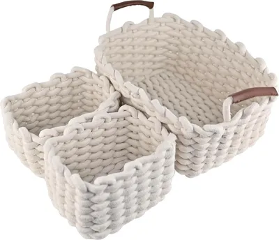 Produktbild von Set von 3 Natürlichen Baumwoll-Aufbewahrungskörben - Strickkorb-Organisatoren mit Griffen - Aufbewahrungskorb für das Kinderzimmer und Wohnkultur - Spielzeuglagerung - Weiß