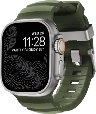 Produktbild von "Nomad Rocky Armband – Aus langlebigem FKM Fluorelastomer Gummi – 100% wasserdicht und belüftet für Komfort – Kompatibel mit Apple Watch Ultra, Ultra 2 und Serie 10 bis SE"