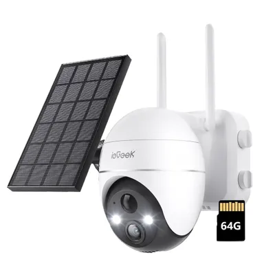 Image de 5MP caméra de surveillance extérieure batterie solaire 2K PTZ caméra sans fil surveillance extérieure avec panneau solaire PIR détecteur de mouvement, 2,4GHz WiFi avec carte 64G TF