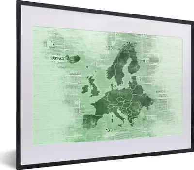 Produktbild von MuchoWow® MuchoWow® Gerahmtes Poster Karte von Europa - Zeitung - Grün 40x30 cm - Poster mit zchwarzem Bilderrahmen - Bilderrahmen - Poster im Rahmen