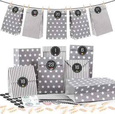 Produktbild von Adventskalender zum Befüllen – Grau – 25 Papier-Adventskalenderbeutel mit Zahlenaufklebern – Geschenktüten für Weihnachten – Variante 2