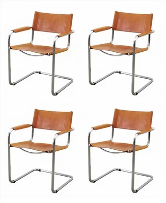 Produktbild von 4x Freischwinger Esszimmerstühle Leder Chrom Armlehnen Bauhaus Design