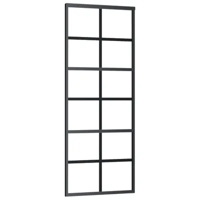 A black metal framed glass door panel with multiple panes, shown against a white background.