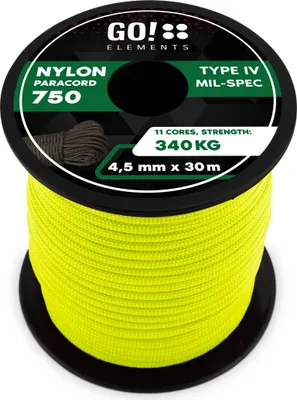 Produktbild von GO!elements 30m Paracord Seil aus reißfester Nylonschnur - 4,5mm Paracord 750 Typ IV Schnur - geeignet als Allzweckseil & Reepschnur - Max. 340kg, Farbe: Neon