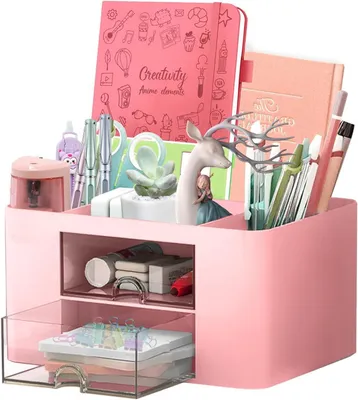Produktbild von Schreibtisch Organizer 7 Fächer, 2 Schubladen, multifunktional, für Büro, rosa