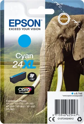 Zdjęcie produktu dla Epson Elephant Singlepack Cyan 24XL Claria Photo HD Ink, Wysoka (XL) wydajność, Cyjan, 8,7 ml, 1 szt., 740 stron(y)