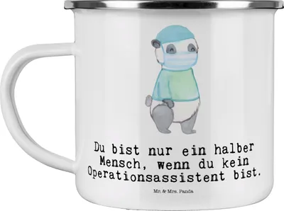 Produktbild von Mr. & Mrs. Panda Emaille Tasse Operationsassistent Herz - Weiß - Geschenk, Becher, Operationstechnischer Assistent, Ausbildung, Campingtasse, Spruch, Lustig, Teetasse