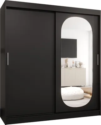 Produktbild von MEBLE KRYSPOL ROYAL 180 Kleiderschrank mit zwei Schiebetüren für Schlafzimmer – moderner Aufbewahrungsschrank mit Kleiderstange und Regalen – 180x200x62cm - Mattschwarz