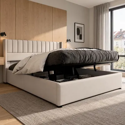 Zdjęcie produktu dla Łóżko tapicerowane INONEFT, model z pojemnikiem na pościel, 160x200 cm, podwójne łóżko z pojemnikiem, łóżko z hydraulicznym podnoszeniem, stelaż łóżka z listwami, kolor: beżowy