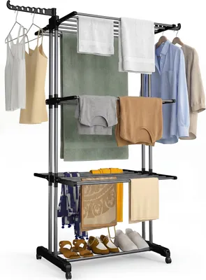 Produktbild von VOUNOT® 4 Ebenen Wäscheständer Turm mit Rollen 126x63x170 cm Schwarz-Grau