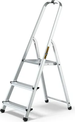 A silver aluminum stepladder with three steps and a storage tray, shown against a white background.