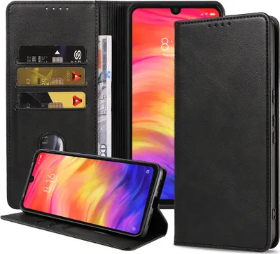 Produktbild von Smartphonica Handytasche passend für Xiaomi Redmi Note 7 / 7 Pro Kunstlederhülle mit Magnetverschluss und Kartenhalter Buchhülle mit Klappe - Schwarz
