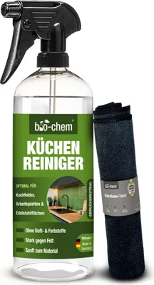 Produktbild von bio-chem Küchenreiniger - 750 ml Handsprayflasche + Mikrofasertuch - Kraftreiniger Fettlöser Glaskeramikkochfeldreiniger Edelstahlreiniger für Glaskeramikkochfeld, Induktionskochfeld, Küchenarmatur, Küchenfront, Marmor