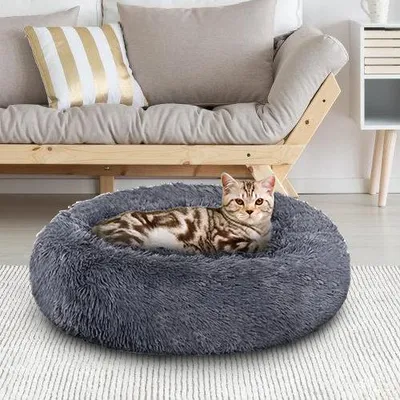 Immagine prodotto di Cuccia rotonda per cani e gatti, diametro 100 cm, in peluche lungo, con fondo antiscivolo, colore grigio scuro