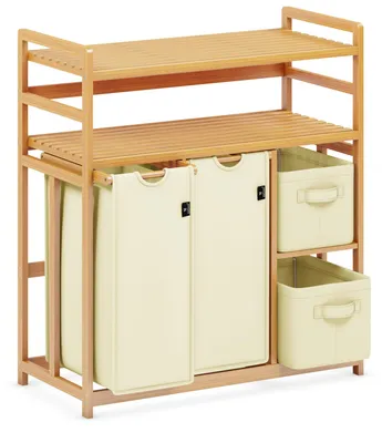 Produktbild von Wäschekorb mit 4 Fächern, 140 L, 2 Ablagen, Bambus, mit 2 Wäschesäcken und 2 Stoffboxen, für die