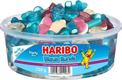 Produktbild von Haribo Blaue Runddose Fruchtgummi mit Schaumzucker Packung 750g