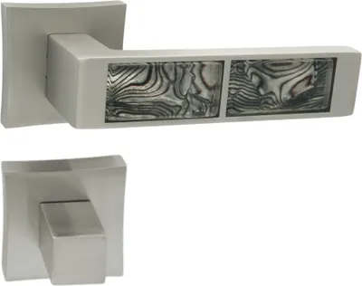 A product image showing two views of a door handle set.