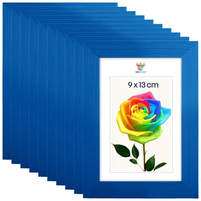Produktbild von MG Design 10er Set Bilderrahmen 9 x 13 cm - Fotorahmen mit Blau Echtholzrahmen und bruchsicherem Acrylglas, Hoch & Quer zum Aufhängen, zum Aufstellen