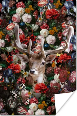 Produktbild von MuchoWow® Poster Hirsche - Blumen - Geweihe 120x180 cm - Kunstposter