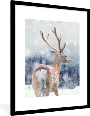 Produktbild von MuchoWow® Gerahmtes Poster Winter - Hirsche - Tiere 60x80 cm - Poster mit Schwarzem Bilderrahmen Wandposter Rahmen Foto Bilder - Wohnzimmer - Dekorationen - Prämie