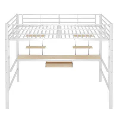 Image de AIORBER Lit superposé, 140x200 cm, avec escalier, cadre en acier, peut être chargé, avec bureau et deux étagères à livres, pour dortoirs, dortoirs, blanc