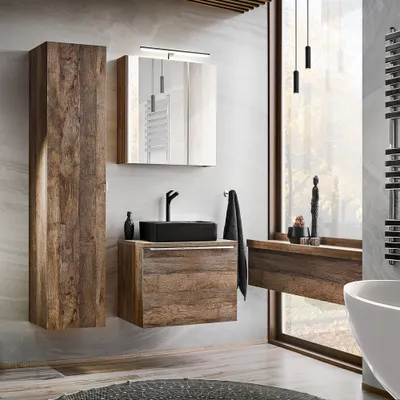 A modern bathroom with a wooden vanity, sink, mirror, and a large window.