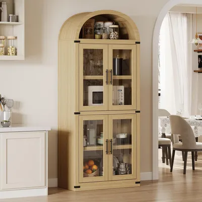 Productafbeelding van Glazen vitrine met glazen deuren en 5 planken, afmetingen 76x40x182 cm, houtlook