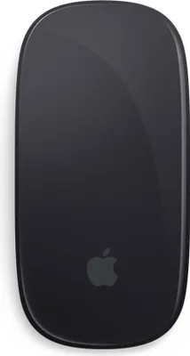 A top-down view of a black Apple Magic Mouse 2 on a white background.