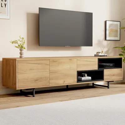Image de OKWISH Meuble TV - Avec Espace Rangement Ouvert, Deux Tiroirs Et Deux Étagères, Pieds Métal 12 Cm, Capacité 30 Kg, Panneau De Particules, Couleur Bois