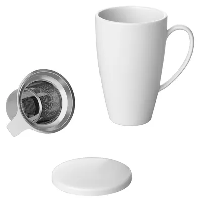 Immagine prodotto di Intirilife Tazza da caffè e da tè in porcellana con coperchio e versatore per tè, bianca, 350 ml, multifunzionale