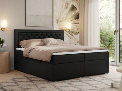 Produktbild von MKS MEBLE Boxspringbett 140x200 mit Bettkasten, Polsterbett 140x200 mit Matratze H3 Topper, Boxspringbett 140x200, Polsterbett 140x200, Bett 140x200 mit Kopfteil - Schwarz Kunstleder - H3 - Jasir