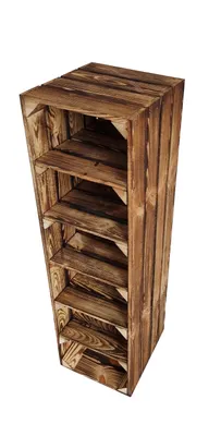 A tall, narrow wooden shelf unit made of stacked crates, shown against a white background.