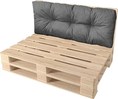 A pallet sofa with a dark gray cushion on a white background.