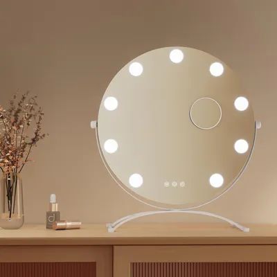 Immagine prodotto di Specchio cosmetico EMKE Hollywood 47X40cm Specchio da trucco rotondo con illuminazione a LED e ingrandimento 7x, 3 colori di luce dimmerabili, bianco