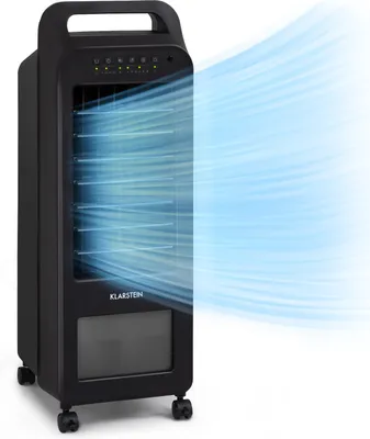 A black air cooler unit is shown from the front with blue simulated airflow emanating from the top right, indicating it is in operation.
