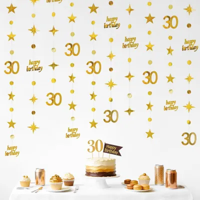 Zdjęcie produktu dla Girlanda z gwiazdek, 30 urodziny, papier, złote gwiazdki, "Wszystkiego najlepszego"